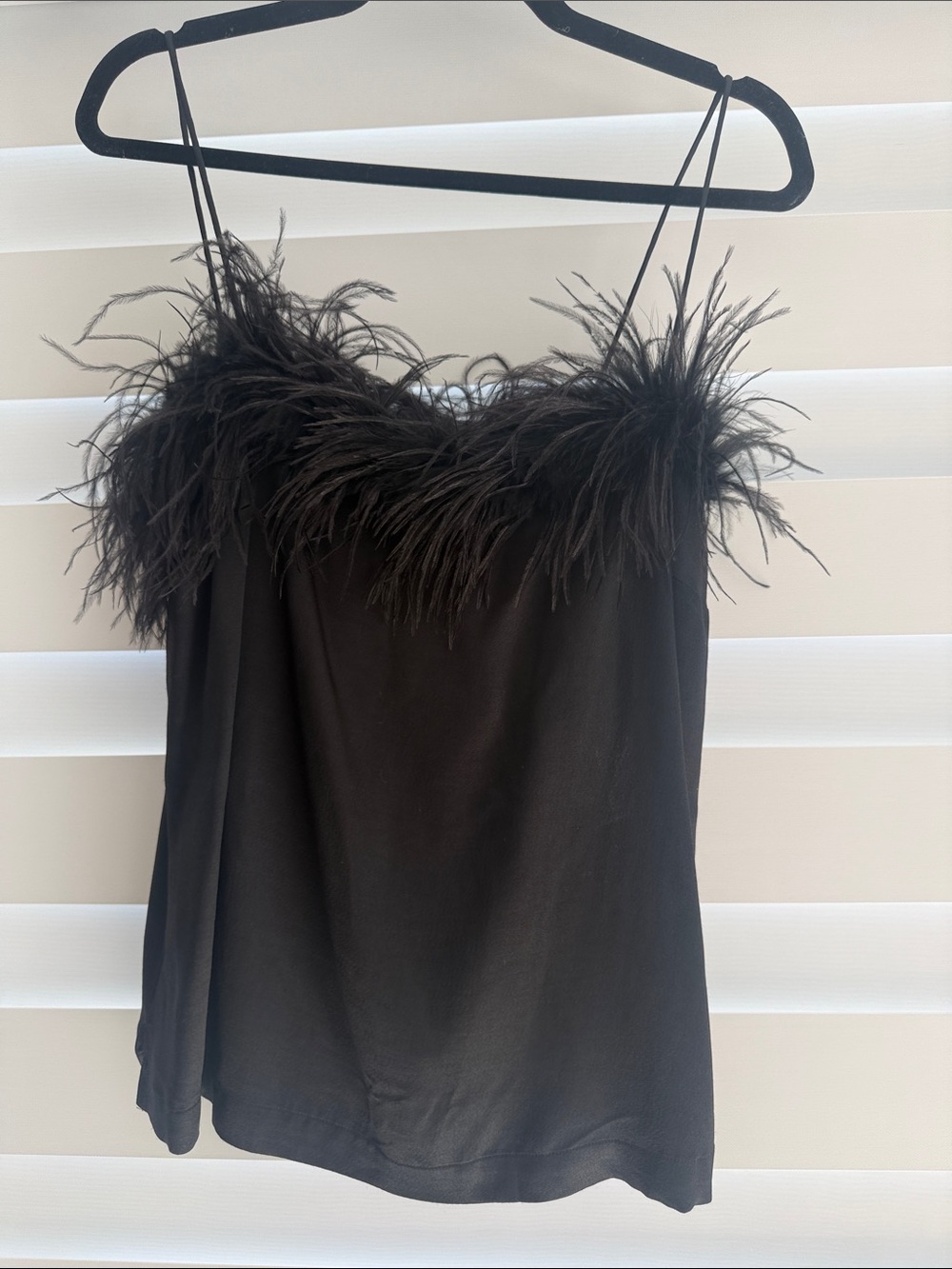 Like New! Veronica Beard Black Feather-Trim Spaghetti Strap Cami Top